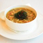 Asian green soup with crispy pak choi chilli